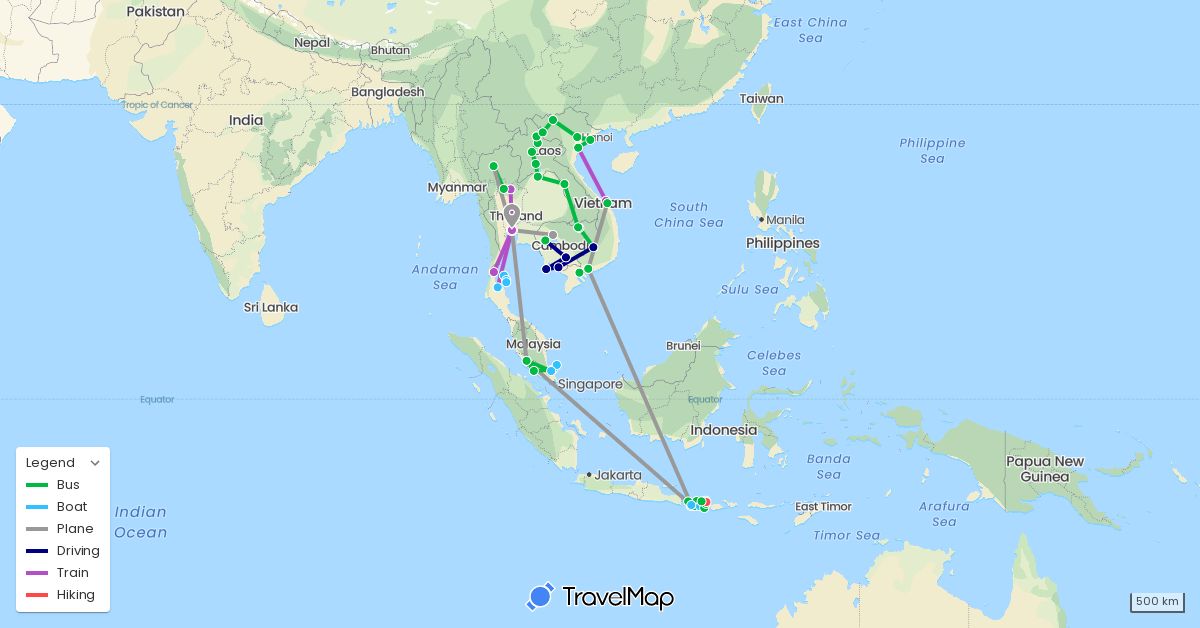 TravelMap itinerary: driving, bus, plane, train, hiking, boat in Indonesia, Cambodia, Laos, Malaysia, Thailand, Vietnam (Asia)